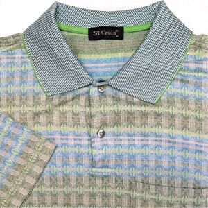St Croix Vintage Mens Polo Shirt Size Medium Green Blue Geometric Knit